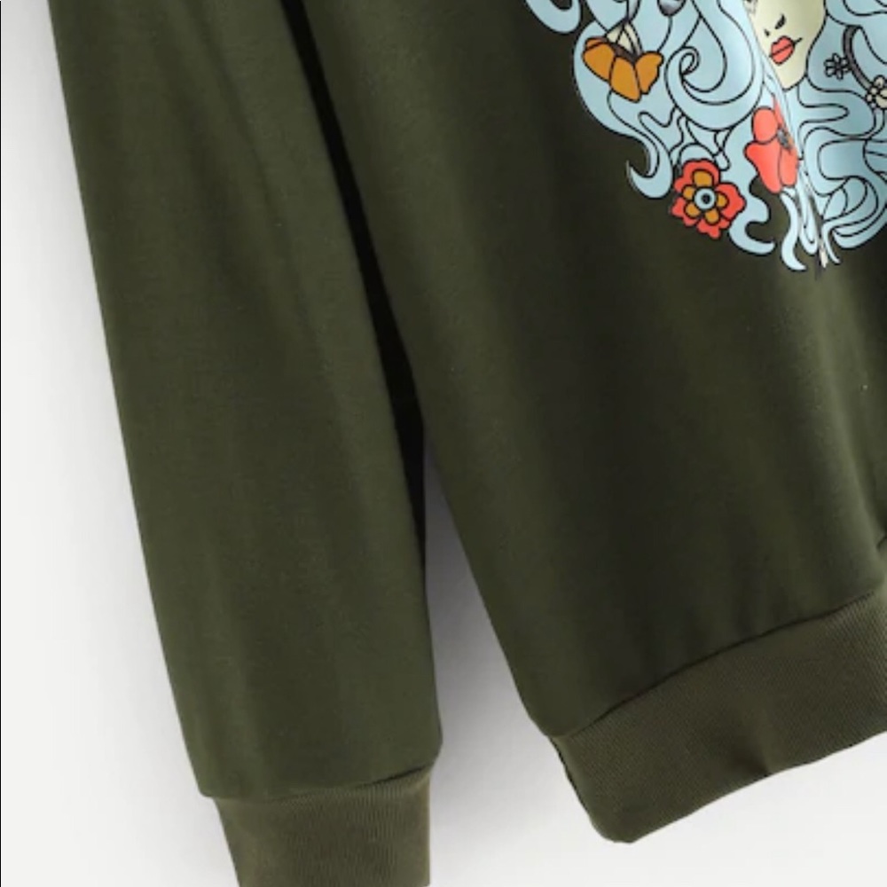 Graphic Flower Child Hoodie Sweater Army Green - Picture 4 of 5